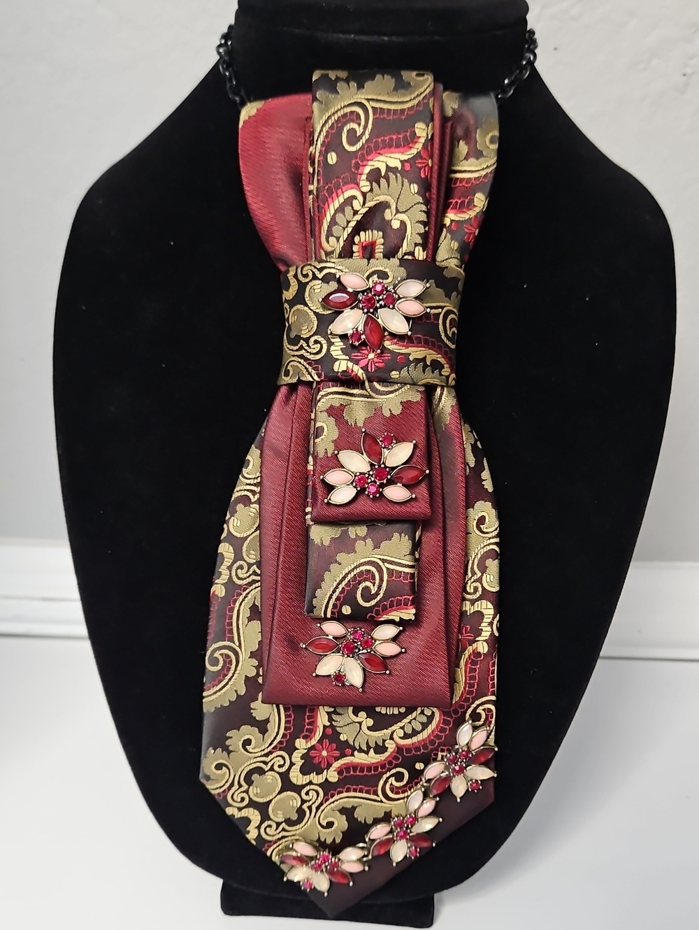 Embellished Burgundy & Gold Paisley Necktie Necklace